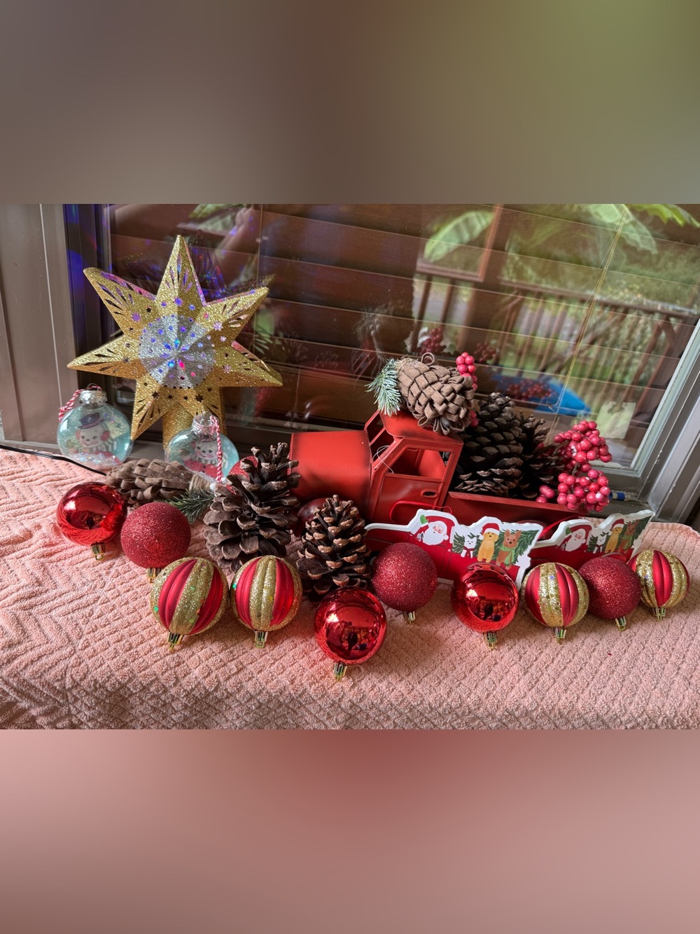 Red Vintage Truck Holiday Centerpiece with Pinecones and Ornaments
